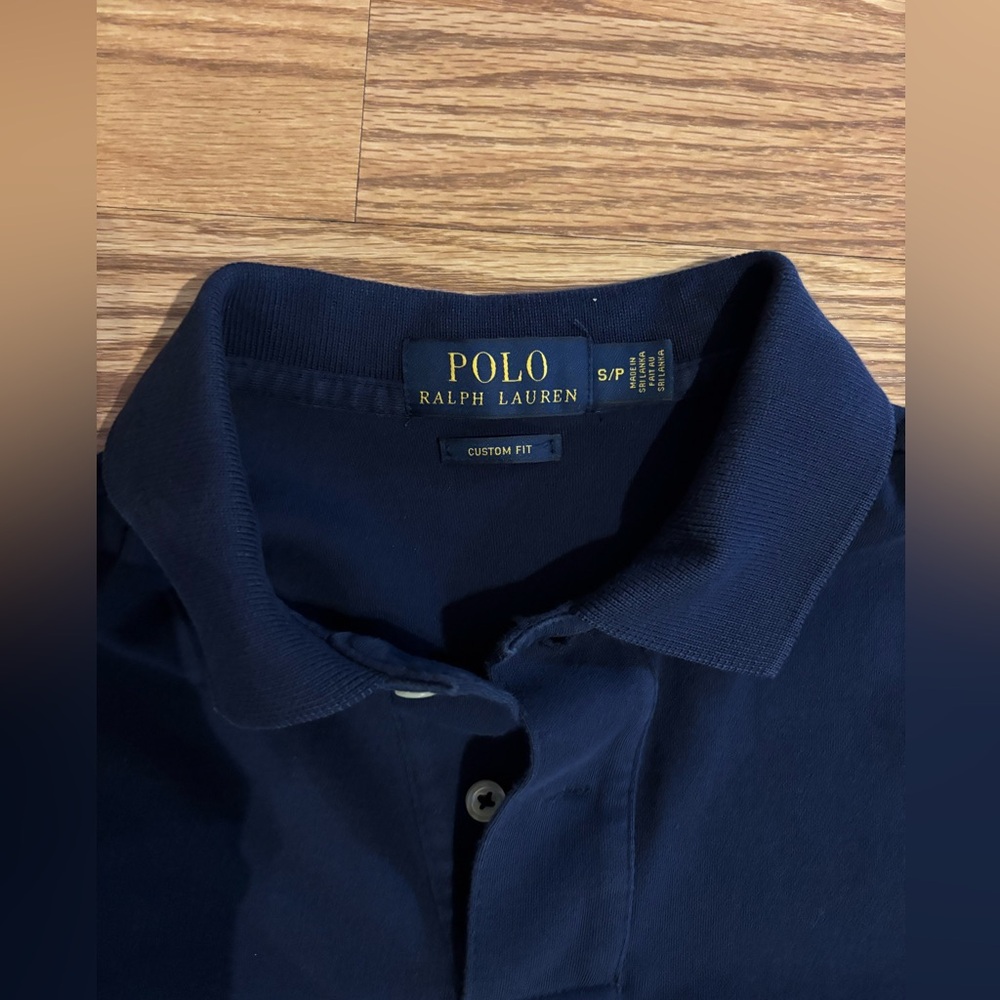 Navy blue red logo polo